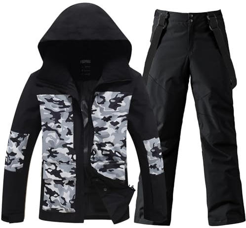 HOTIAN Conjunto de chaqueta y pantalones de esquí para hombre, transpirable, traje de esquí impermeable, resistente al viento, traje de nieve con capucha desmontable, MC+BK, L