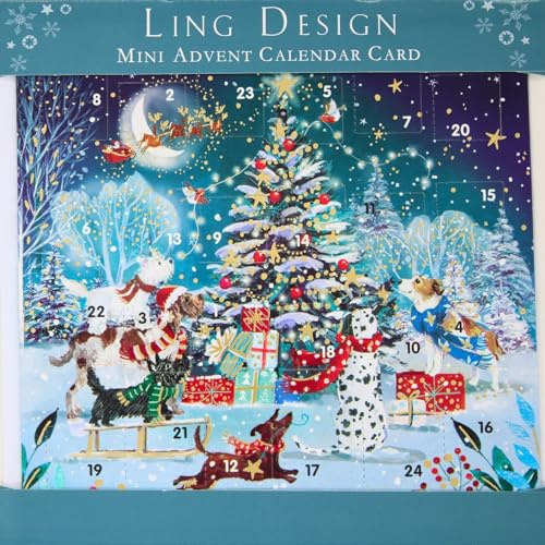 Countdown to Christmas - 24 Door - Festive Mini (6.5 x 6.5) Advent Calendar Gift Card with Envelope by Ling Design (Dogs Around Xmas Tree)