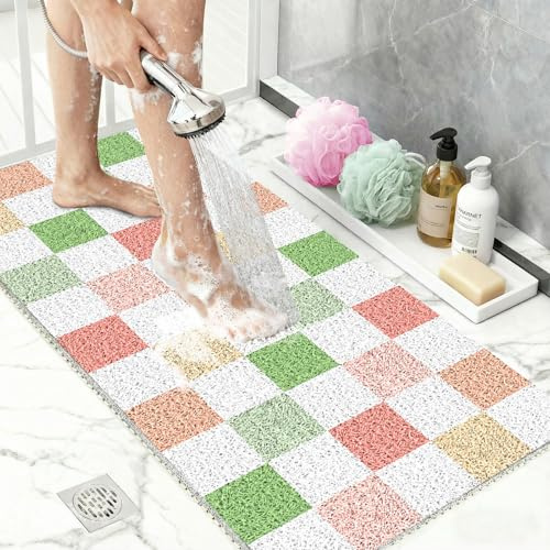 Alfombrilla de Ducha Antideslizante de PVC Suave 40x60cm, Alfombra de Baño con Diseño de Luffa para Zonas Húmedas, Lavable y de Secado Rápido Cuadros Multicolor