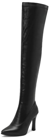 Bottes Femme Similicuir Cuissardes Haut du Cuisse Talon Haut Pointe Fermeture Éclair Latérale Mode Soirée Fête Chaussures Streetwear,Noir,38 EU