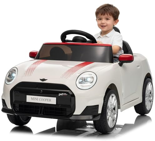 Baloveby Coche Eléctrico para Niños De +3 Años BMW Mini, Coche De Batería 12V con Mando a Distancia, Faros LED, Bocina, Música, USB, Apertura De Puerta y Velocidad 3-5 Km/h
