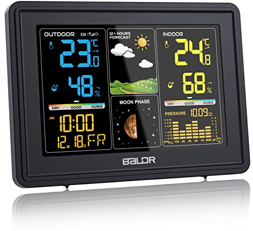 BALDR Estación meteorológica inalámbrica con sensor exterior, pantalla digital a color para interior y exterior, termómetro, higrómetro con previsión meteorológica, barómetro y fase lunar