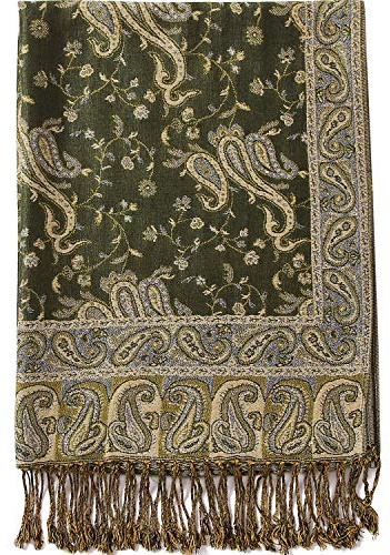 Écharpe châle en soie pashmina réversible confortable avec franges Motif cachemire, 11-Olive foncé, Large