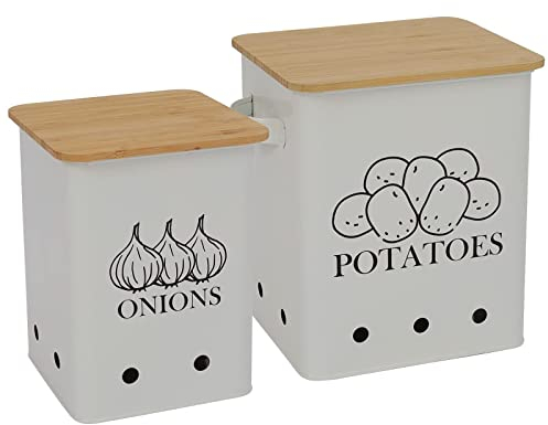 Xbopetda - Lot de 2 boîtes de rangement de cuisine en métal avec trous d'aération et couvercle en bois pour pommes de terre et oignons - Blanc