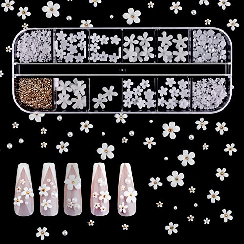 SAVITA 250 Stück 3D Acryl Blumen für Nägel, 12 Größen Dekoration und Zubehör für DIY Nail Art Designs, Schmuck Herstellung mit Roségoldenen Kleinen Kugeln