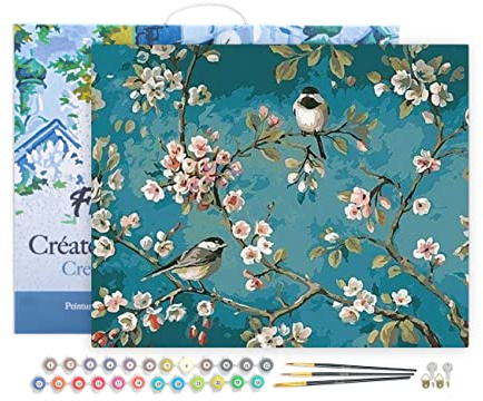 Figured'Art Peinture par Numéro Adulte avec Cadre Fleurs et Oiseaux 2 - Activité Manuelle Kit de Loisir Créatif DIY Numéro d'Art Complet - 40x50cm toile tendue sur châssis