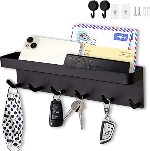Echehi 6 Hooks Key Holder for Wall, 2 Ways Easy to Install Key and Mail Holder，Key Hooks Wall Mounted for Entrance Area, Hallway, Office. Black