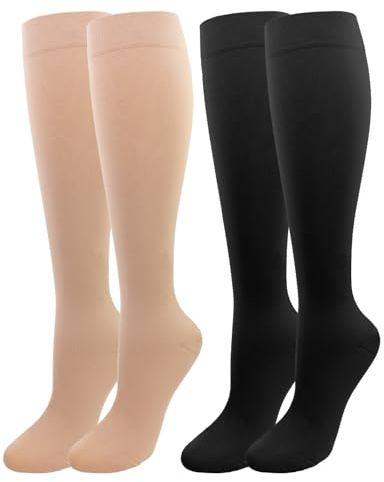 2 Pares Medias de Compresión Mujer y Hmbre Médicas Circulacion, 20-30 mmHg Clase 2, Calcetines Compresion para Varices, Edema, Vuelo (Negro+Beige, L)