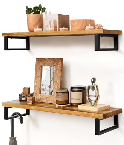 SUMGAR Rustic Floating Shelves, Solid Pine Wood 60cm Wall Mounted Shelf with Metal Brackets, Display Storage Shelving for Kitchen, Bedroom, Living Room, Bathroom Decor, Light Charred Finish, Set of 2
