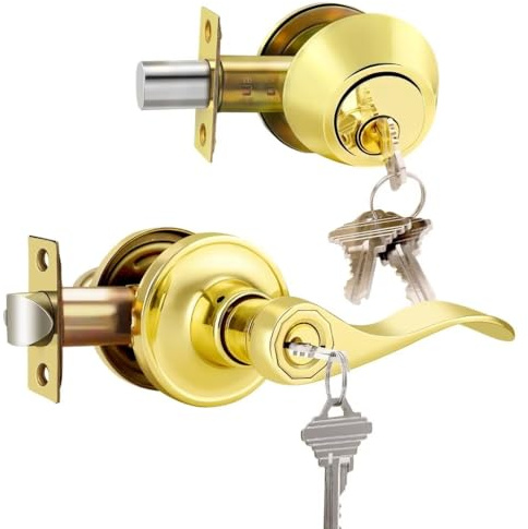 NIZADO Keyed Entry Door Lock Set Gold, Double Cylinder Deadbolts, Keyed Alike Exterior Door Lock, Reversible Door Handles, 1 Pack