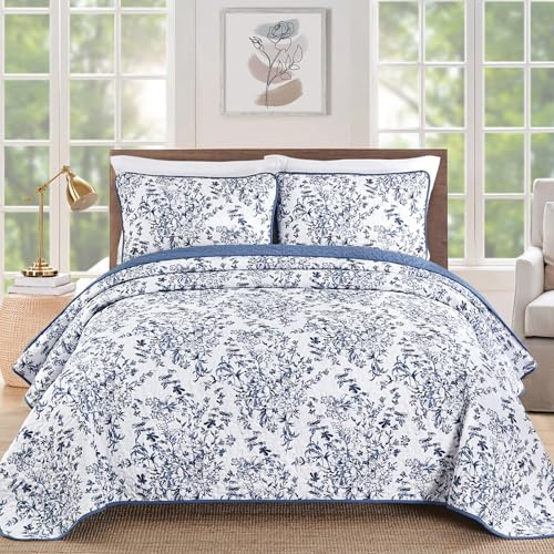 WONGS BEDDING Quilt King Size, Blue Quilt Bedding Set with 2 Pillowcases, Botanical Quilt for King Bed, Soft Microfiber Lightweight Coverlet Bedspread for All Season (110×90, 3 Pieces)