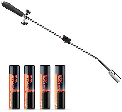 Hardys Gas Weed Burner + 4 Butane Gas Refill - Auto-Ignition, Pet Friendly Weed Burner | Cordless, Precision Flame Thrower Wand - Lightweight, 80cm