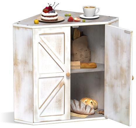 VEDECASA Panera de bambú para esquina de 2 niveles, para cocina, bambú, esquina, panera grande, para mostrador de cocina, 43 x 28,2 x 42 cm, color blanco antiguo