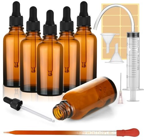 AYBUY Bärnstensfärgad glasflaska med glaspipett, 6 st 50 ml glasdroppflaska med tratt, bruna glasflaskor påfyllningsbara för eteriska oljor Aromaterapi Makeup Massage Laboratory