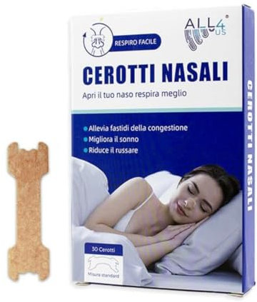 ALL4US® 30 Cerotti Nasali Antirussamento – Cerotti per Non Russare e Respirare Meglio – Nasal Strips per Dormire Bene e Aumentare il Flusso d’Aria Notturno