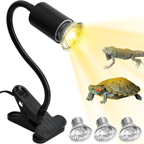ROTRES Lámpara calefactora de tortugas reptiles, kit iluminación tortuga acuario UVA UVB, 3 bombillas de 25 W 50 W, lámparas térmicas con clip para reptiles regulables para serpientes, lagartos y