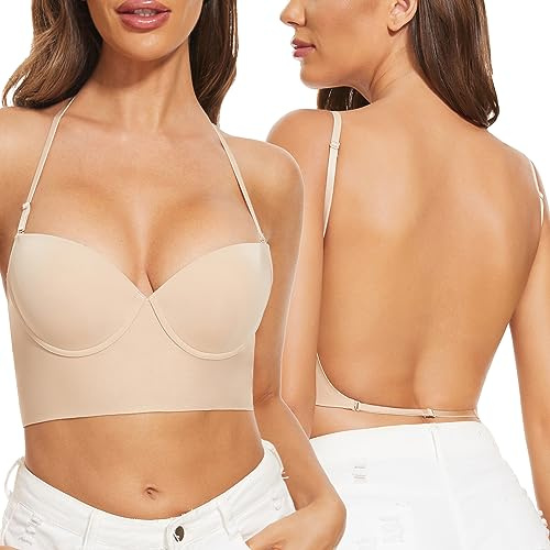 Zetopump Low Back Bras for Women-Seamless Invisible Backless Bra-Lightly Lined Demi No Show Multiway Bra Low Cut Halter Bras (Nude, 34E)