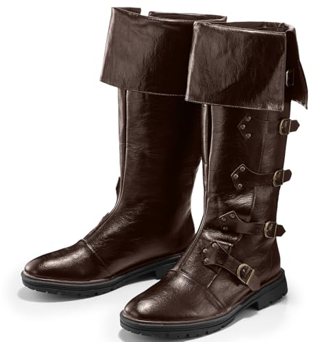 Jiuguva Medieval Pirate Boots Men Renaissance Costume Boots High Tube Steampunk Shoes Halloween Cosplay Costume Accessories(Us 12,Brown)