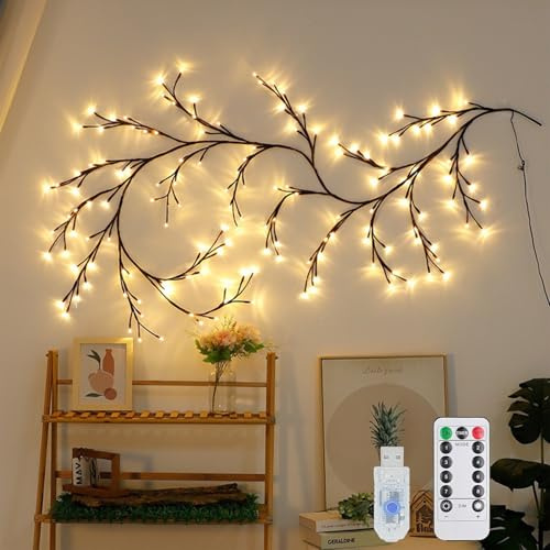 Koboko Lichterkette Willow Vine, 72 LED Lichterzweige Lichterkette Wand, 8 Modes USB Weidenrebe Baum Lichter mit Fernbedienung|Timer, Biegbare Künstliche Baumzweige Lichter Schlafzimmer Wand Deko
