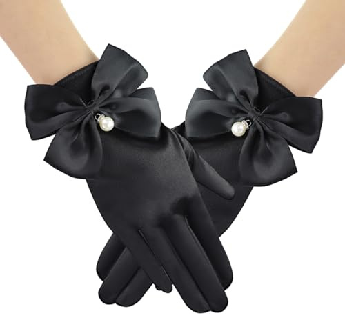 Feelorna Guanti corti da donna in raso, eleganti guanti da opera con fiocco e perla, guanti da sposa elastici, per feste di nozze, per costumi e tea party