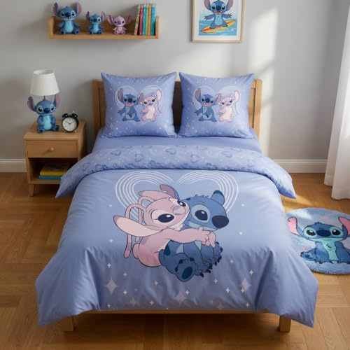 Aymax - Juego de cama doble Stitch & Angel, 2 personas, funda nórdica reversible de 240 x 220 cm y 2 fundas de almohada de 65 x 65 cm, polialgodón