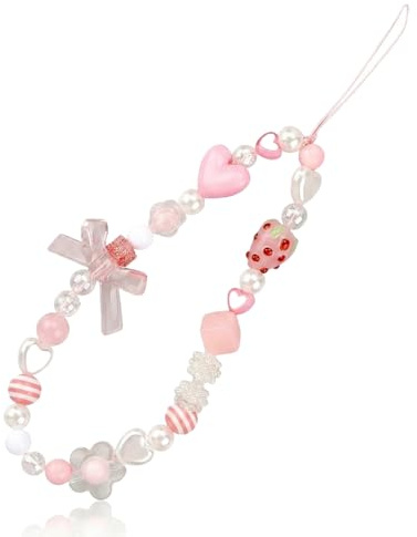 Hopzab Pink Phone Charm Mobile Chain Cute Beaded Mobile Strap Phone Pendant Wrist Strap Smartphone Lanyard for Girls Women Ladies Gifts (Strawberry Bowknot Beaded)