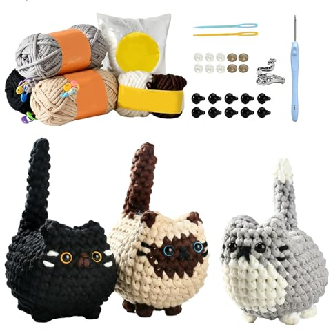 Kit Uncinetto Principianti,Kit Uncinetto con Animaux Adorables,Amigurumi Kit,DIY Set Uncinetti con Istruzioni Video Passo Passo,Regalo Perfetto per gli Appassionati di Maglieria - Tre Piccoli Gattini