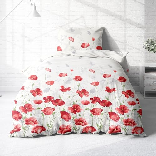 Träumschön Premium Bettwäsche 200x200 + 80x80 cm - Mohnblumen Design - Sommer Bettwäsche aus Baumwolle – Weich, Atmungsaktiv & Hautfreundlich - bügelfrei
