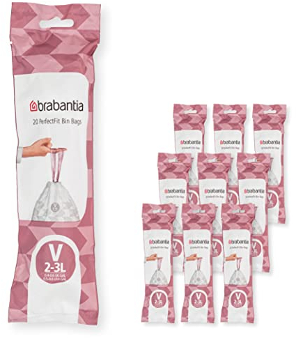 Brabantia 137686 PerfectFit Bin Liners Multipack (Size V/2-3 Litre) Thick Plastic Trash Bags with Tie Tape Drawstring Handles (200 Bags), White