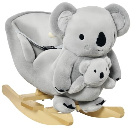 HOMCOM Kids Toddler Rocking Horse Plush Ride On Koala Rocker Wooden Base Seat Safety Belt w/Gloved Doll Toy for 18-36 Months Grey