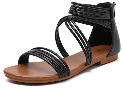 Sandali Piatti da Donna Gladiatore Moda Cerniera Romani Sandaletti Bohemien Spiaggia Punta Aperta Estivi Scarpe Vacanza Casual (36,Nero)