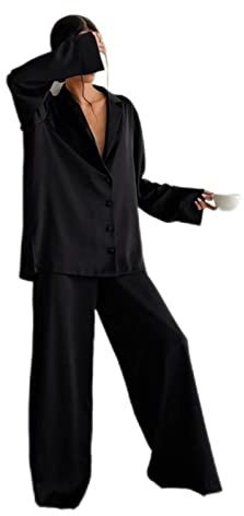 YANGQI Ropa de Dormir Pijama Sexy de Satén de Seda Talla Grande con Escote Bajo para Mujer de Un Solo Pecho Manga Larga Pantalones de Pierna Ancha Conjuntos-Negro,XL