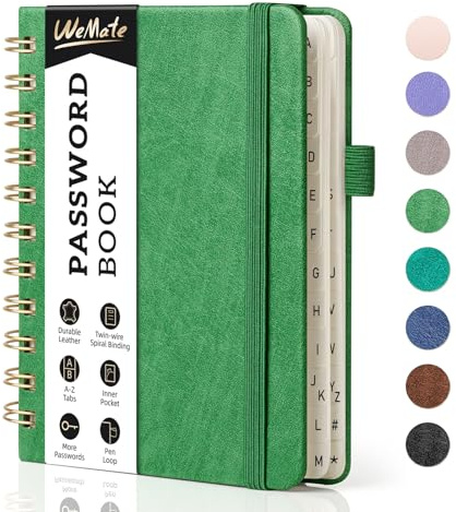 WEMATE Spiral Password Book with Alphabetical Tabs, Small Password Keeper Book for Seniors, Internet Password Notebook Hardcover Password journal logbook – 12 x 15cm (Grass Green)