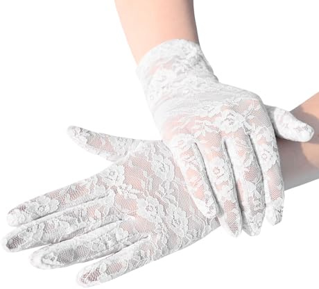 OTKARXUS Guantes de encaje para mujer, 1 par de guantes cortos florales, guantes de conducción con protección UV para verano, bodas, cenas, fiestas, bailes, cosplay, blanco, talla única