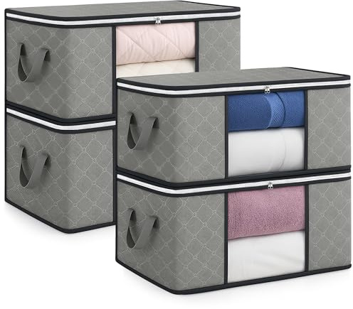 unycos - Cajas para Almacenaje de Ropa x 4【35L】 Bolsas Plegables con Ventana Transparente, Doble Cremallera y Asas Reforzadas, Organizador de Toallas, Edredones, Juguetes | Hasta 10 kg (Grey/Black)