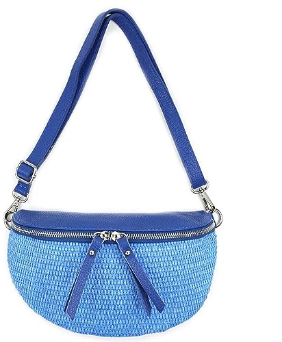 Made in Italy Damen Leder Tasche Basttasche Schultertasche Gürteltasche Sommer Strandtasche Crossbody Bauchtasche Umhängetasche Cross-Over Bodybag Handytasche Geflochten Bast Abendtasche Royalblau