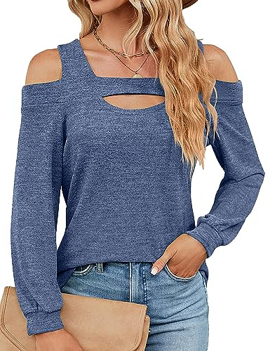 HANERDUN Camiseta Mujer Manga Larga Camisa Blusa Elegantes con Hombros Descubiertos Túnica Escote Cuadrado Top de Punto
