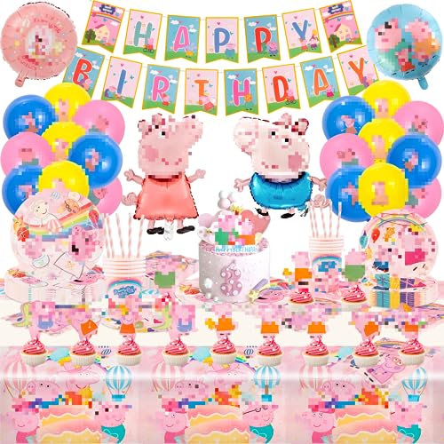 yumcute 107PCS Geburtstagsdeko Set, Rosa Schwein Thema Party Set, Pig Partygeschirr Geburtstag, Enthält Teller, Pig Luftballons, Tassen, Servietten, Banner, Tischdecke für 20 Personen