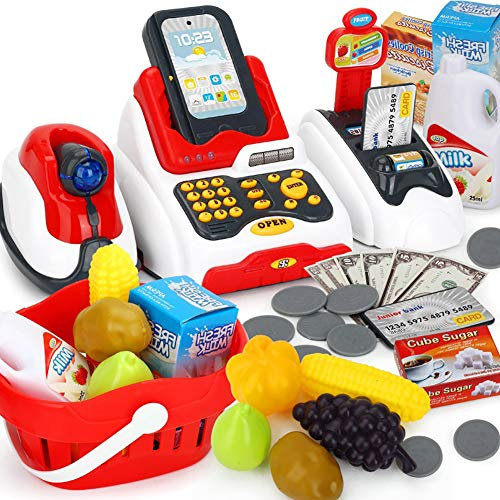Srliya Kinderspielzeug, Kassenkasse mit Scanner, Rollenspiel, Essen, Geld, Spielzeug, Kinderkasse, Supermarkt, Einkaufen, Spielzeug, Geschenk für 3-jährige Kinder, Mädchen, Jungen (Rot)
