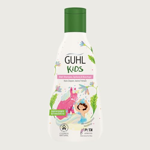 Guhl Kids 3 in 1 Shampoo, Spülung & Duschgel - Inhalt: 250 ml - Speziell für Kinder entwickelt - Kein Ziepen - Kindgerechtes Design - Cosmos Natural zertifiziert