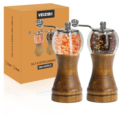 Set 2 macina sale e macina pepe, Macinino manuale in legno massiccio per macinare pepe e sale, Nucleo di macinazione in ceramica grana regolabile, macina sale pepe spezie (Colore antico 2pcs-6in)