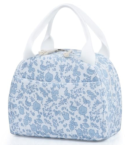 TESAFNG Lunch Bag - Insulated Lunch Box for Women, Reusable Large Capacity Cooler Bag for Adult, Small Leakproof Cute Corduroy Lunch Tote for Work Office Travel Picnic (Corduroy Blue-Flower)