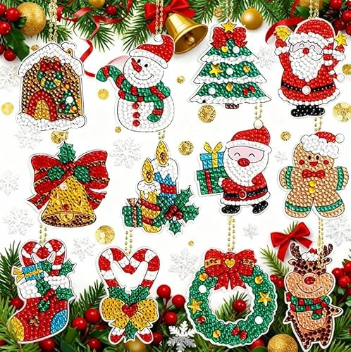 Guidre 12 Pezzi Diamond Painting Natale Pendant, 12 Pezzi 5D Natalizi Ornamenti Natalizi Diamond Painting Portachiavi Natale Fai da Te Mosaico Painting Pendant
