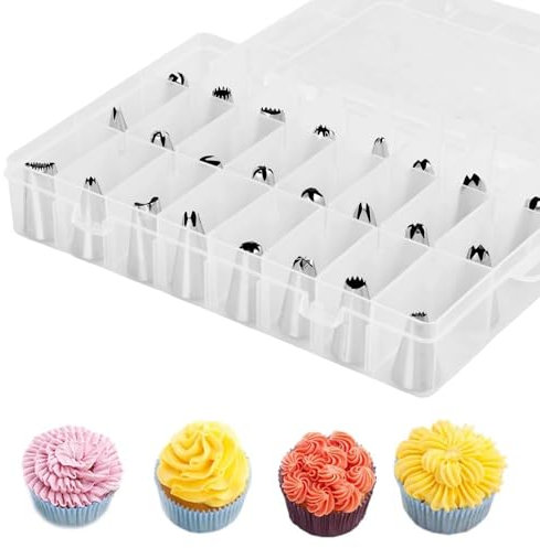 24 Pezzi Bocchette Decorative per Pasticceria, Set di Beccucci per Sac a Poche Professionali, Acciaio Inossidabile Bocchetta Utensili per Torte, Ugelli di Tubazioni per Glassa Cupcakes (24 pcs A)