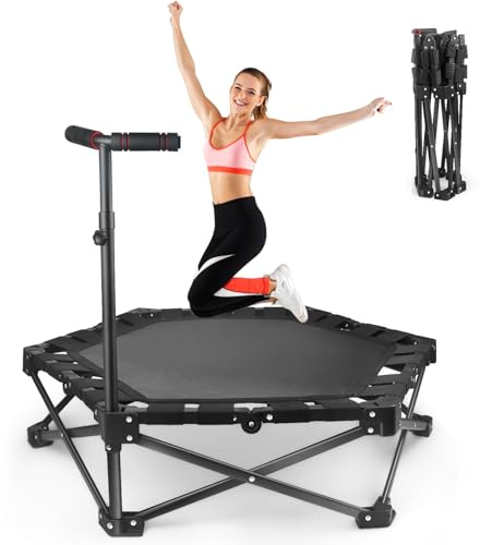 Foldable Mini Trampoline — One-Step Fold & Open, 42 Rebounder Trampoline for Adults & Kids, 450lbs Max Load, Adjustable T-Bar, Indoor & Outdoor Workout