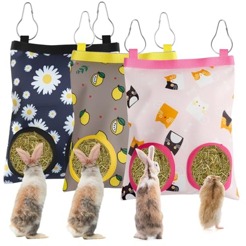 3 Pcs Sac à Foin de Lapin, Sac de Foin Suspendus Animaux Supports de Stockage avec 2 Trous Sac de Foin Mangeoire à Foin pour Lapin Sacs de Nourriture pour Chinchilla, Cochon d'Inde et Taupe (Small)
