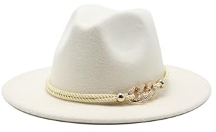 OHEETU Chapeau Fedora blanc à large bord avec boucle à 3 anneaux réglable en feutre Panama Chapeau d'église Derby Casquette unisexe pour fête de mariage à porter au quotidien