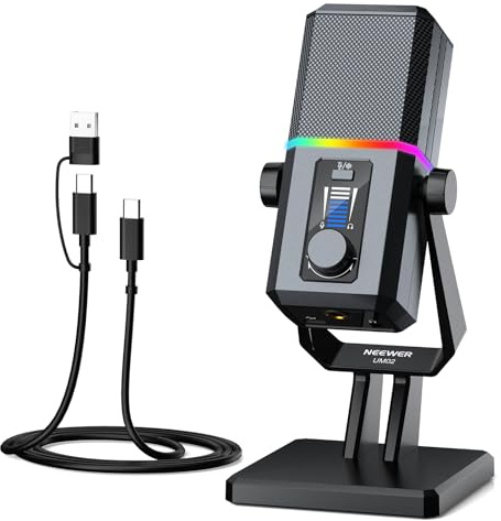 NEEWER UM02 Microfono USB RGB per Giochi Streaming Podcast, Mic a Condensatore Cardioide da Tavolo Anti Rumore per Monitoraggio delle Cuffie, Compatibile con iPhone iPad Mac PC Android PS5/PS4 Pro/PS4