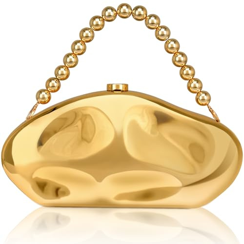 Larcenciel Gold Acrylic Clutch Purse for Women with Beaded Handle, Metallic Mirror Finish Evening Bag & Chain Strap, Fashion Irregular Shell Box Handbags for Wedding Party Prom Cocktail Formal Events