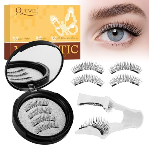Ciglia magnetiche QUEWEL, 1 paio di ciglia finte magnetiche con applicatore, senza colla, facili da applicare e rimuovere, riutilizzabili per un look naturale, istruzioni incluse (DH02)